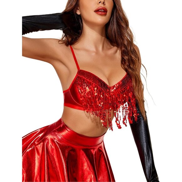 Rave Outfits for Women Sequin Fringe Cosplay Lingerie with Metallic Skirt 3pack - Picture 2 of 8